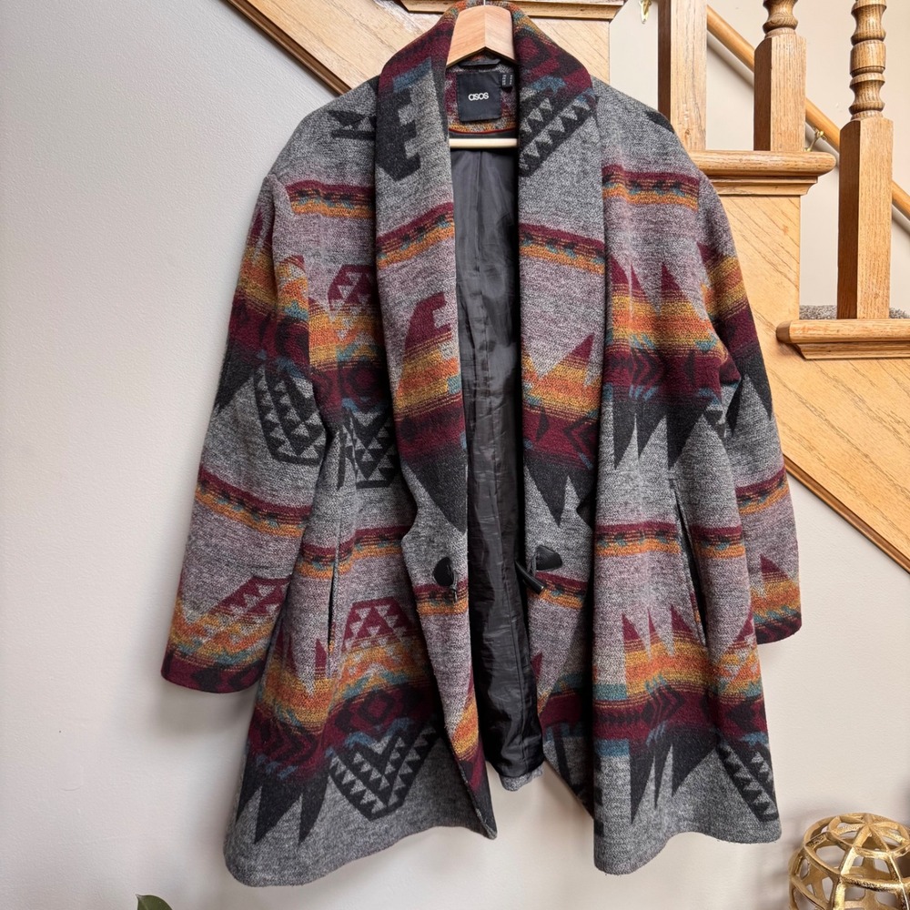 ASOS Womens Oversized Aztec Wool Blend Coat Medium Colorful Artsy Geometric Boho